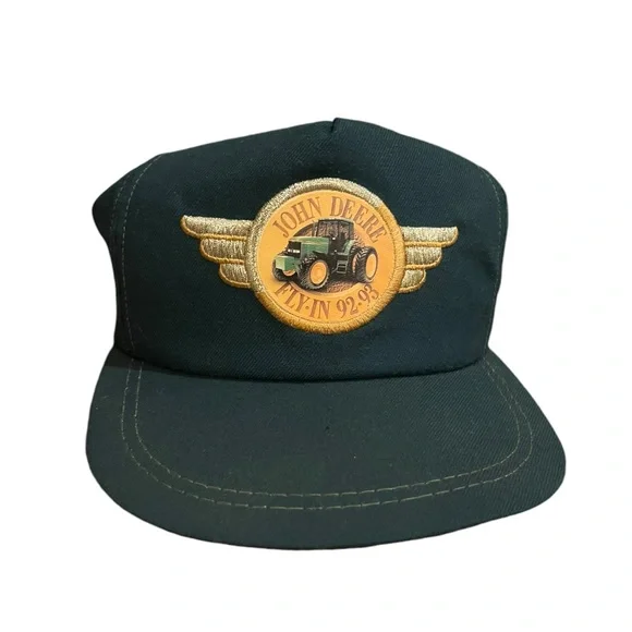 Vintage JOHN DEERE FLY-IN 92-93 Farmer Trucker Hat Cap golden wing Leather Strap - Picture 6 of 12